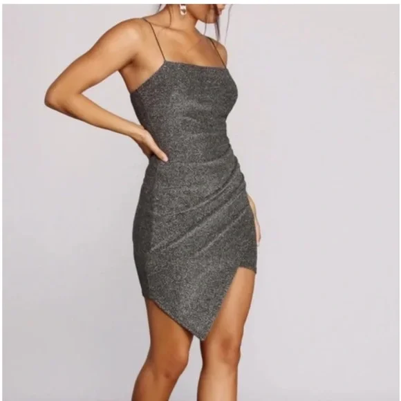 delfina pleated long asymmetric one shoulder dress Black Asymmetrical Dress With Silver Detail